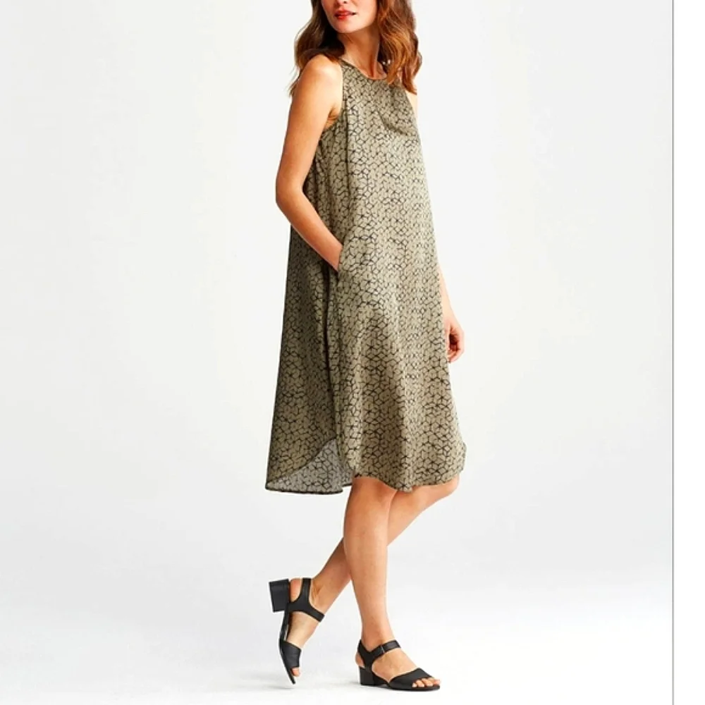 Eileen Fisher Printed Silk Organic Cotton Ballet Neck Abstract Boho Swing Dress - Picture 1 of 7